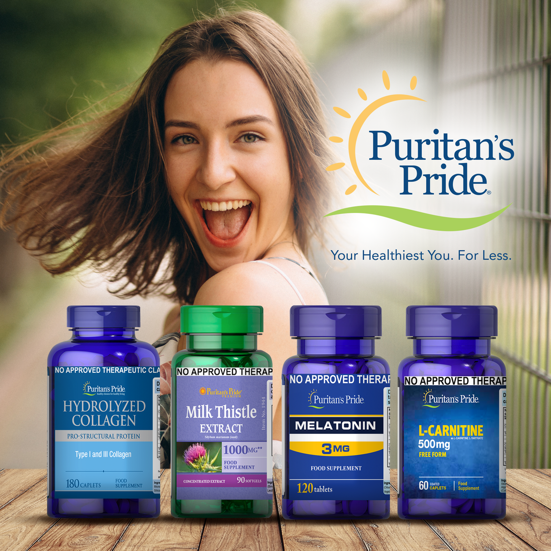 A woman smiling for a poster of a supplement brand