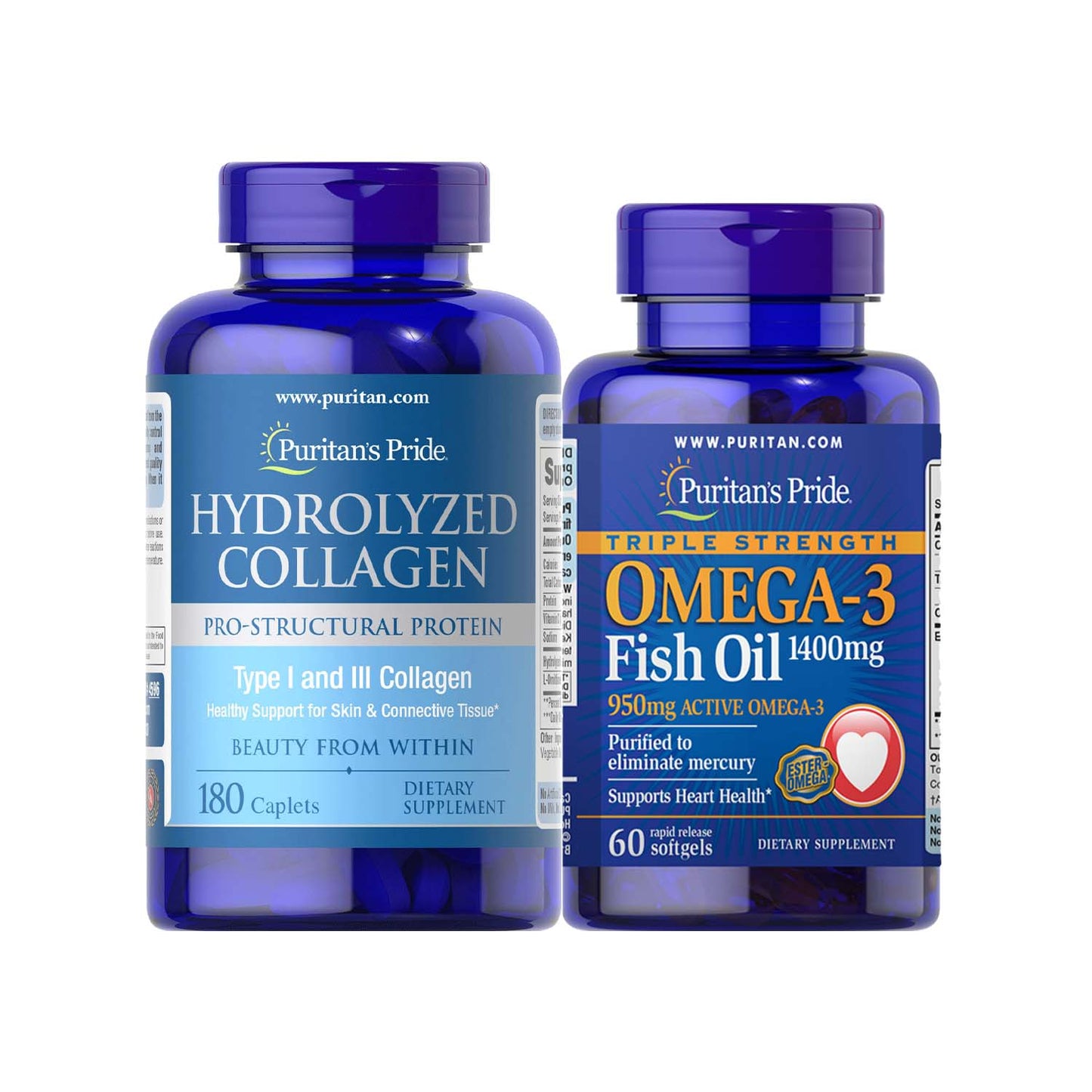 Hydrolyzed Collagen 1000mg 180 caplets + Fish Oil Omega 3 Triple Strength 1400 mg Puritan's Pride
