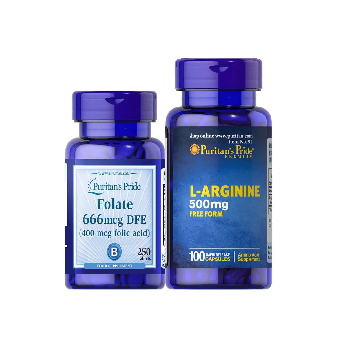 Folic Acid 400mcg 250 tablets + L-Arginine 500mg 100 capsules Puritan's Pride Fertility