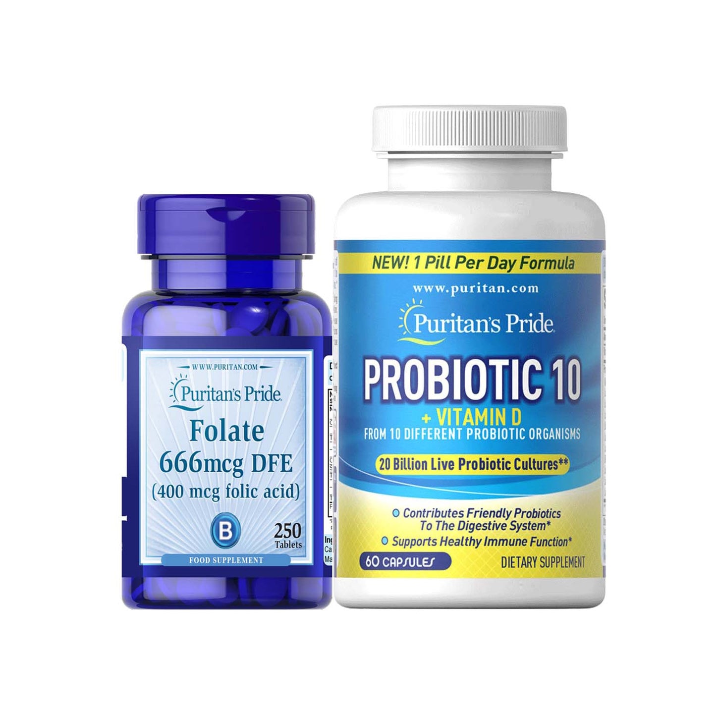 Folic Acid 400mcg 250 tablets + Probiotic 10 plus Vitamin D 60 Capsules Puritan's Pride Fertility