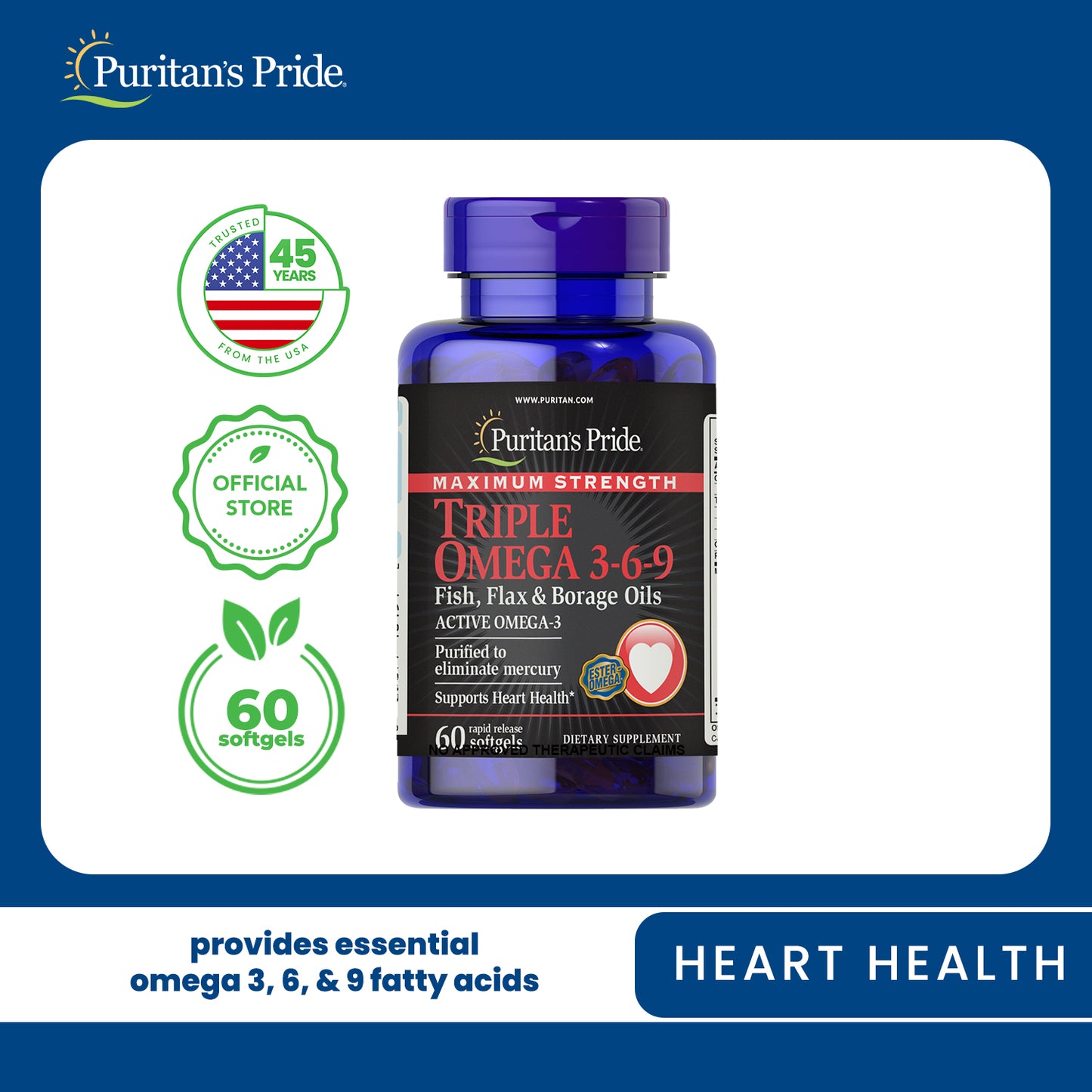 Triple Omega 3-6-9 Fish, Flax & Borage Oils Maximum Strength 60 Softgels Puritan's Pride