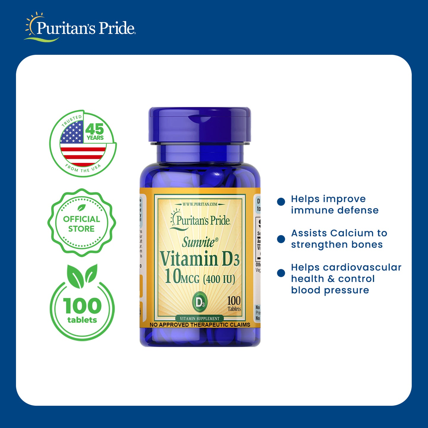 Vitamin D3 400iu 100 tablets Puritan's Pride
