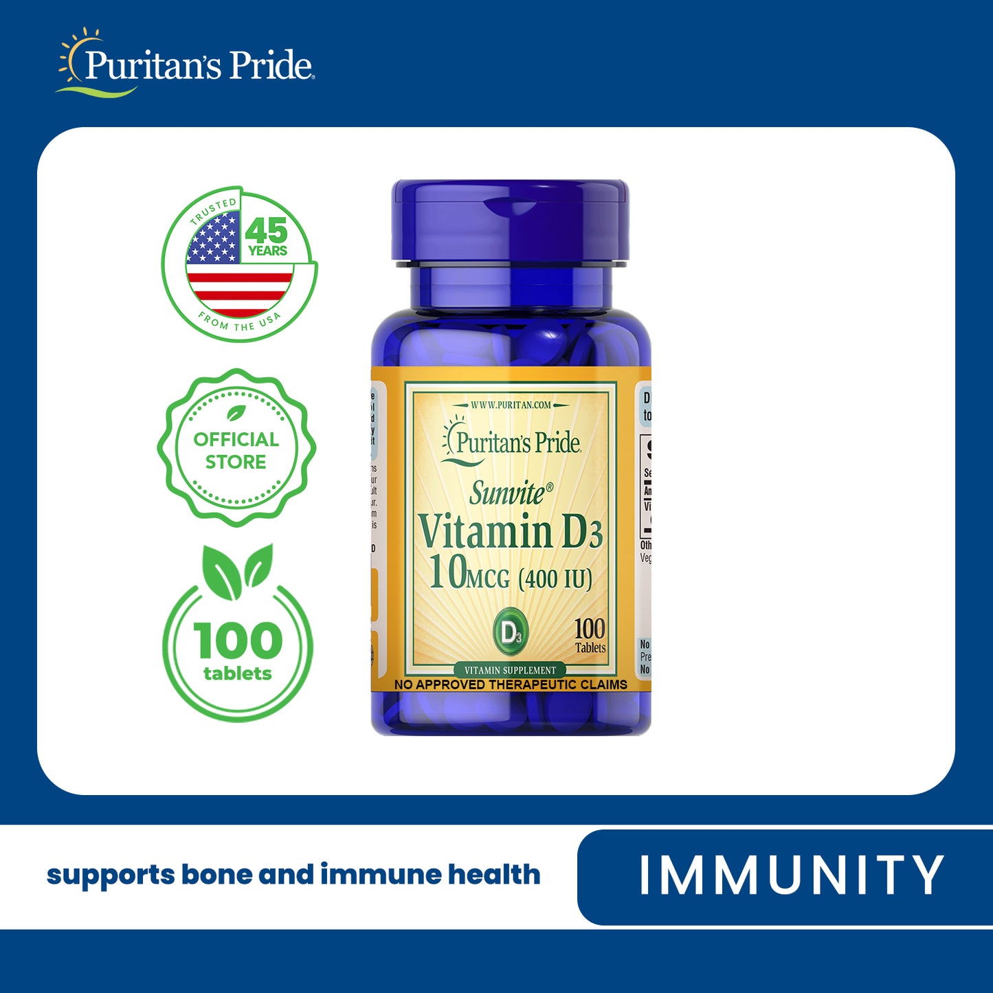 Vitamin D3 400iu 100 tablets Puritan's Pride