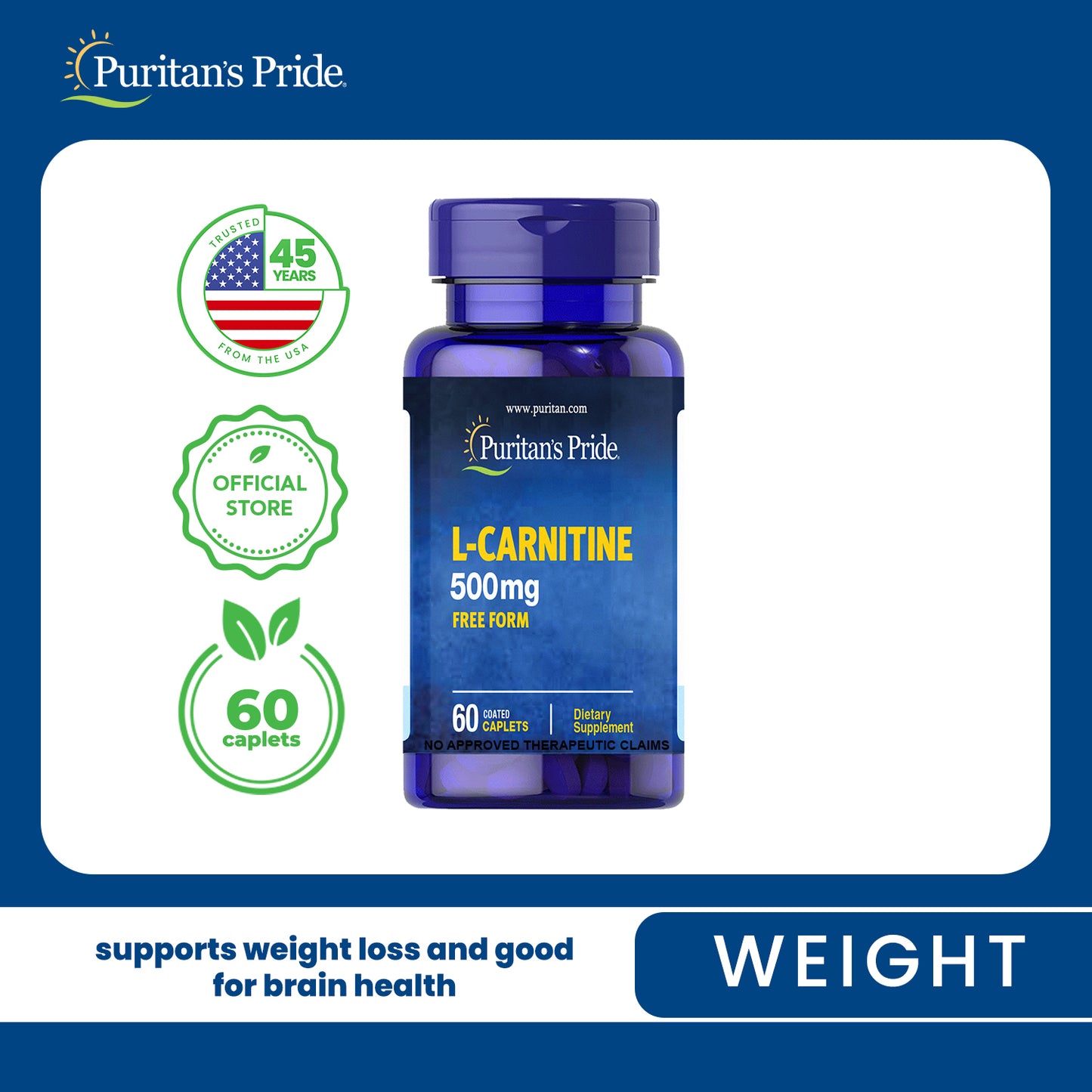 L-Carnitine 500mg 60 caplets Weight Management Puritan's Pride