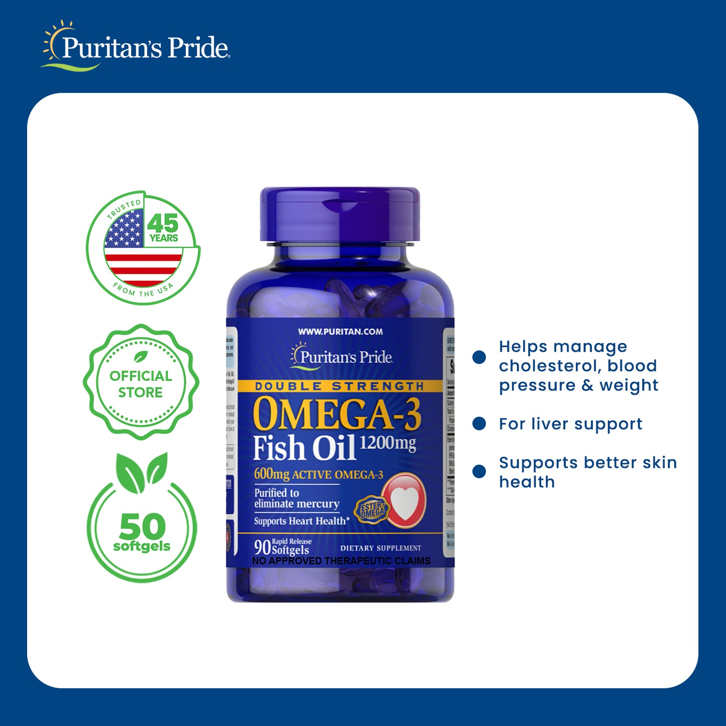 Fish Oil Omega 3 Double Strength 1200mg 90 softgels Puritan's Pride