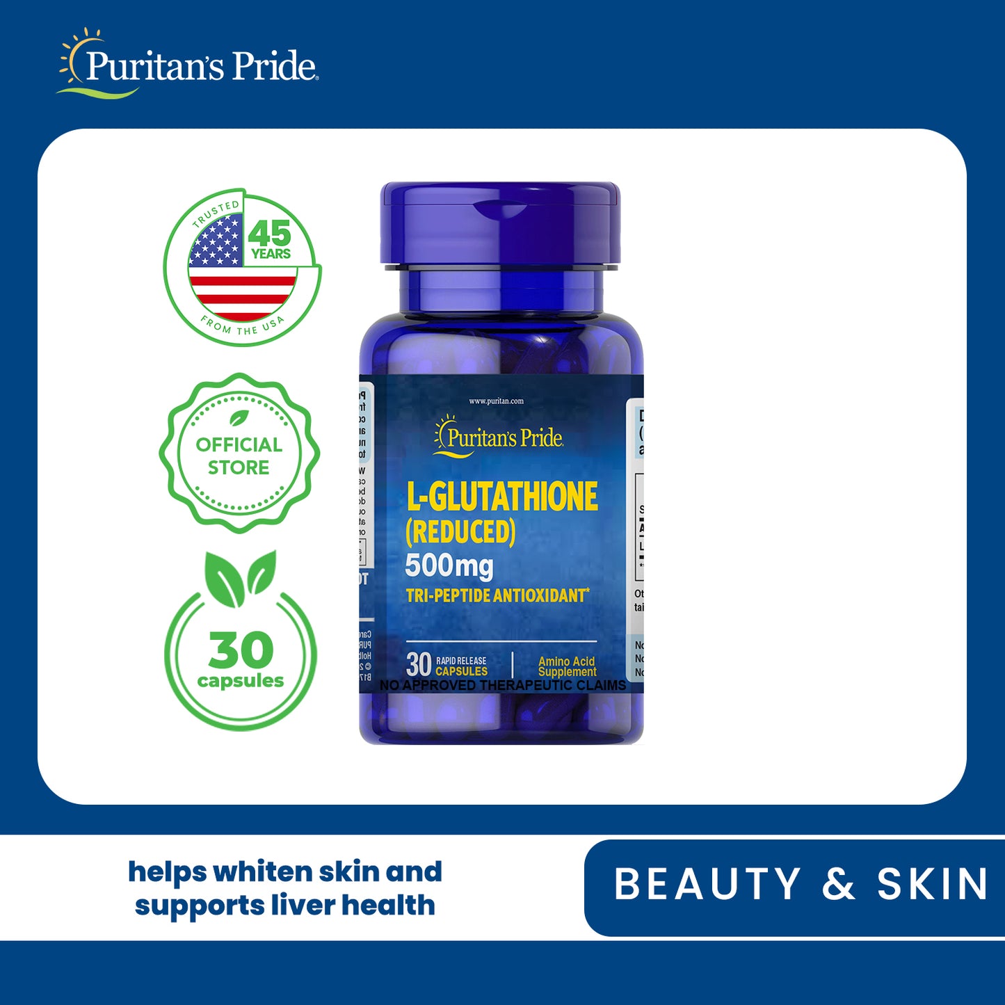 L-Glutathione 500mg 30 capsules Whitening Brightening Puritan's Pride