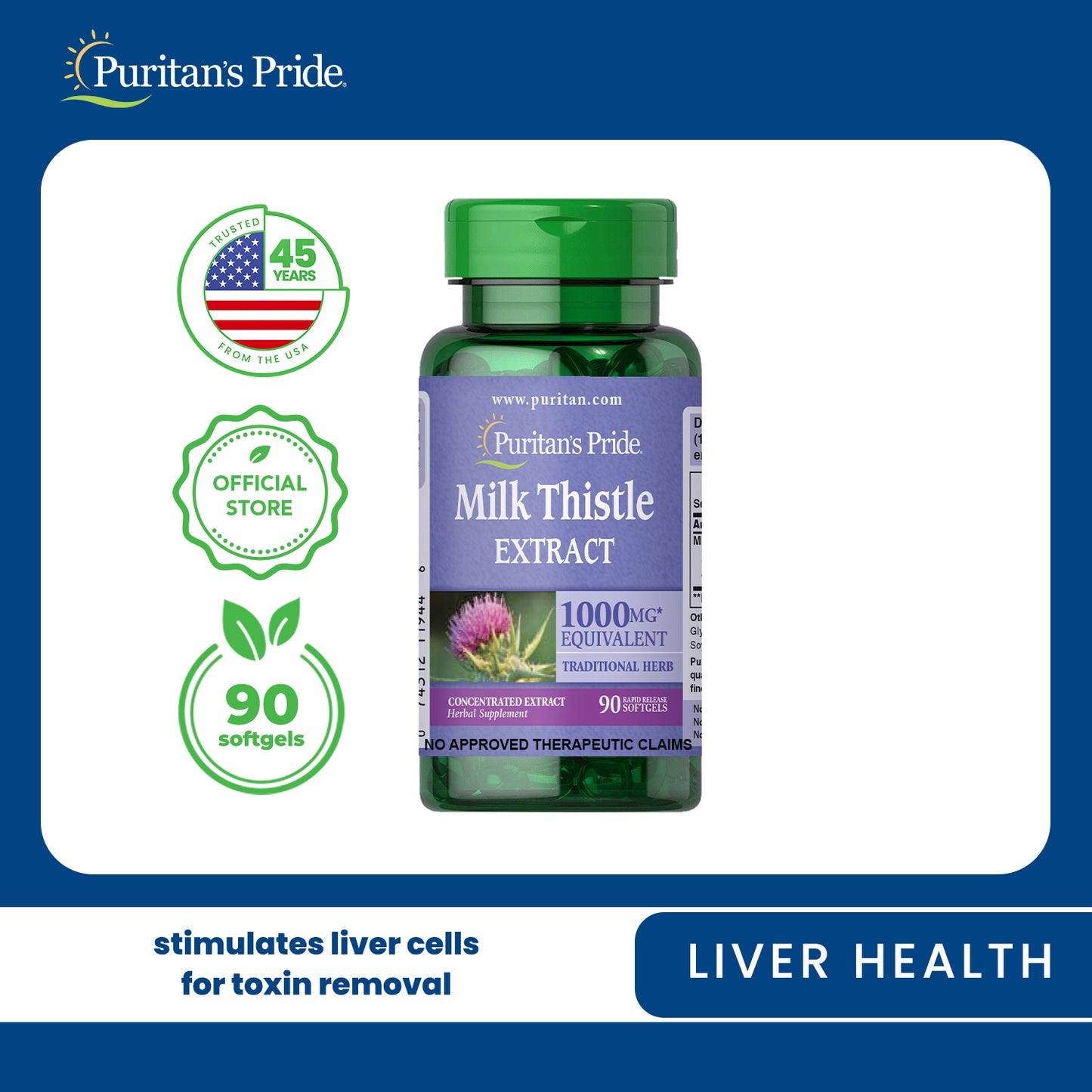 Milk Thistle Silymarin 1000mg 90 softgels 4:1 Extract Liver Health Puritan's Pride