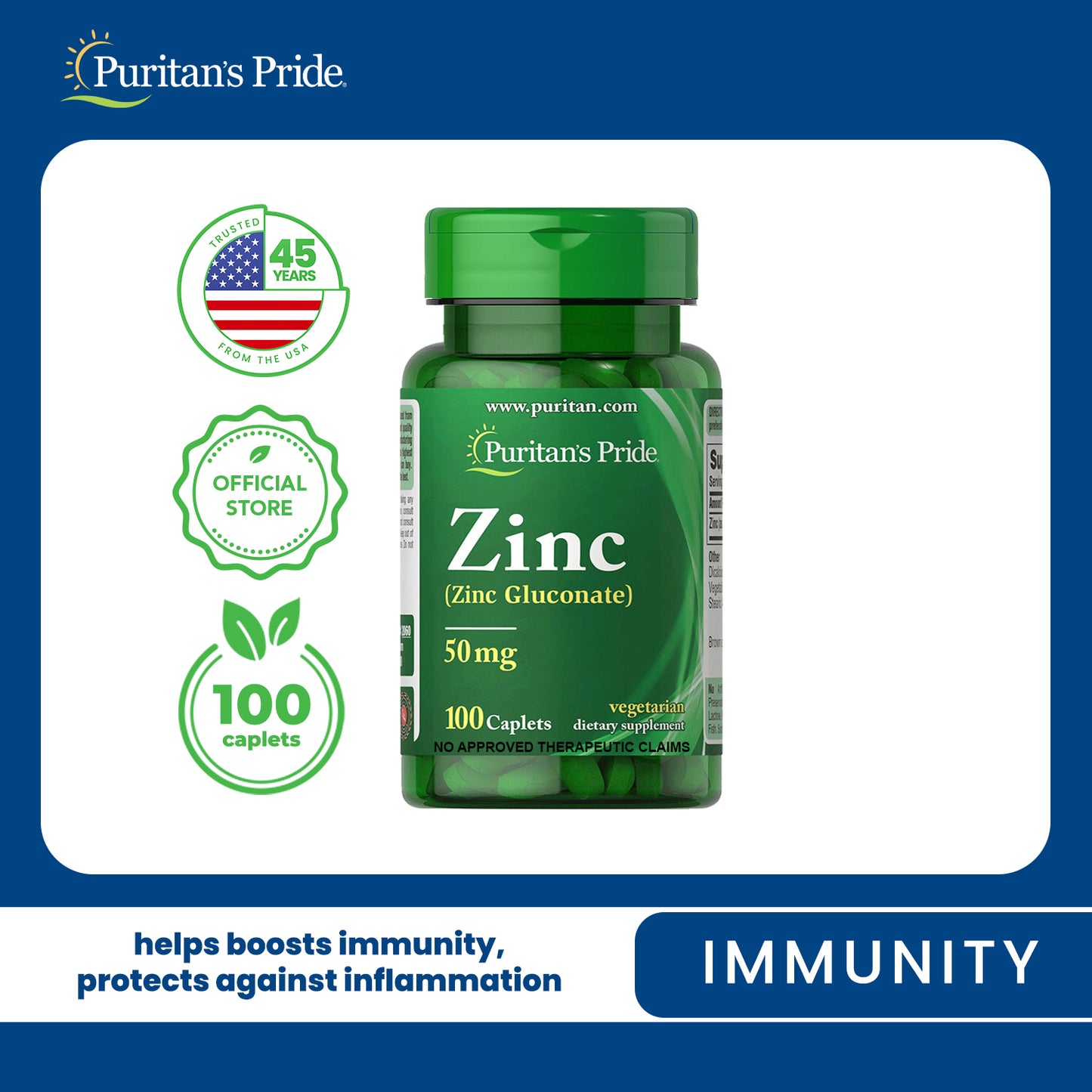 Zinc Gluconate 50mg 100 caplets Puritan's Pride