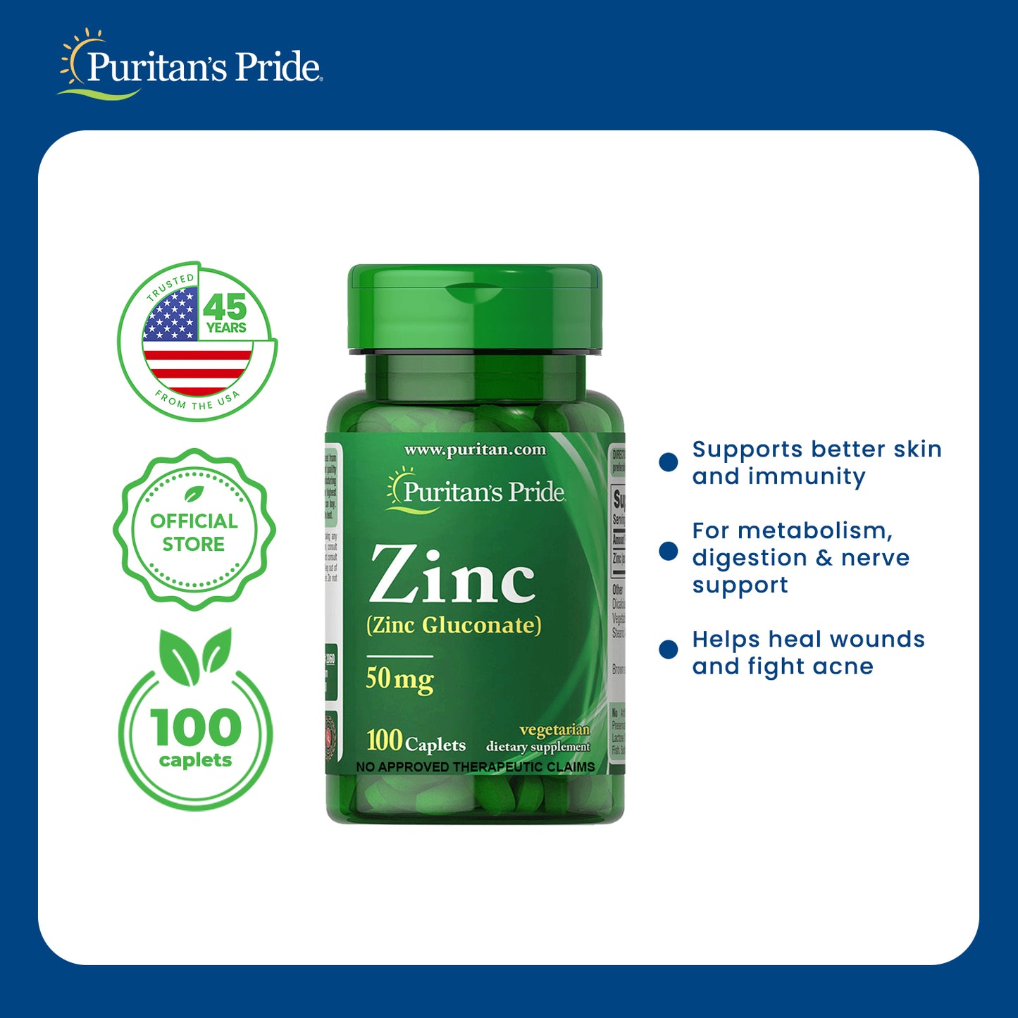 Zinc Gluconate 50mg 100 caplets Puritan's Pride