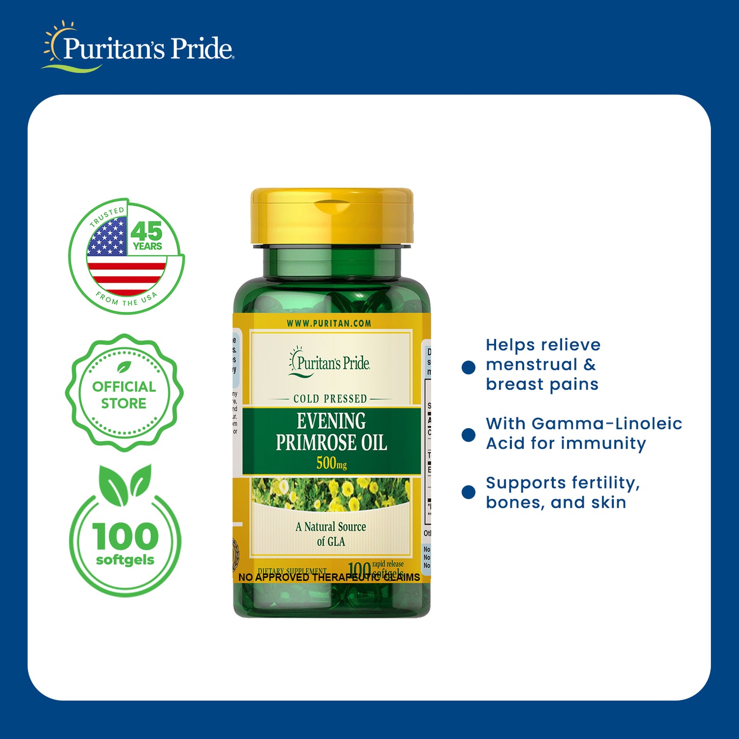 Evening Primrose Oil 500mg 100 softgels Puritan's Pride