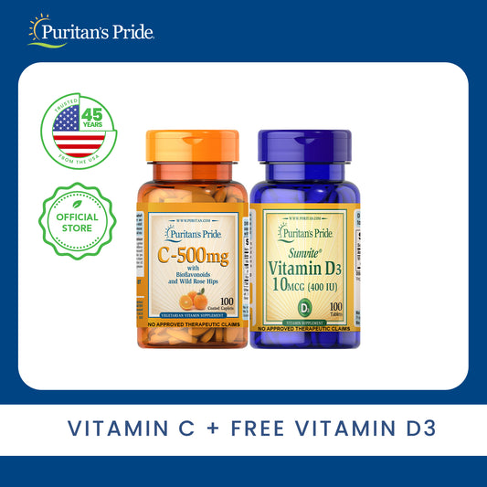 Puritan's Pride Vitamin C Citrus Bioflavanoids Rose Hips 500mg 100 caplets + FREE Vitamin D3 400iu 100 tablets