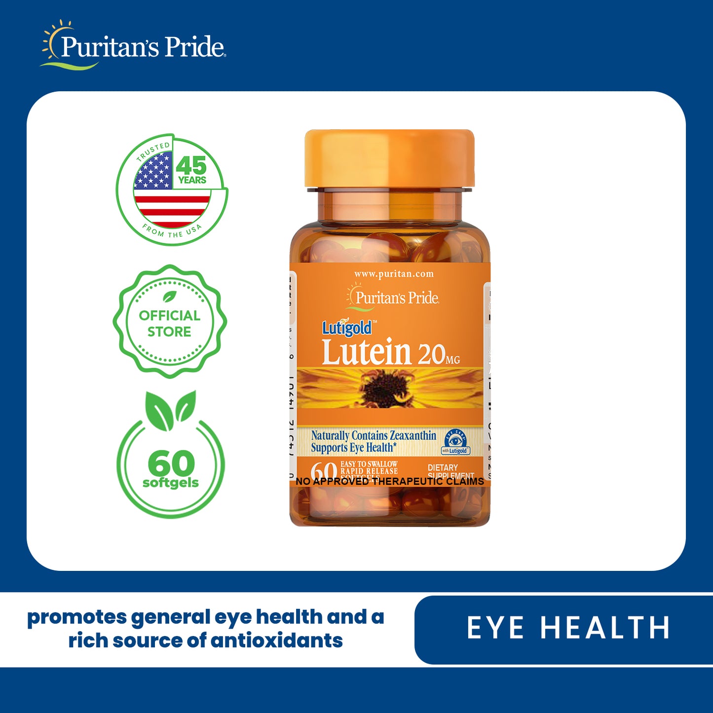 Lutein with Zeaxanthin 20mg 60 softgels Puritan's Pride