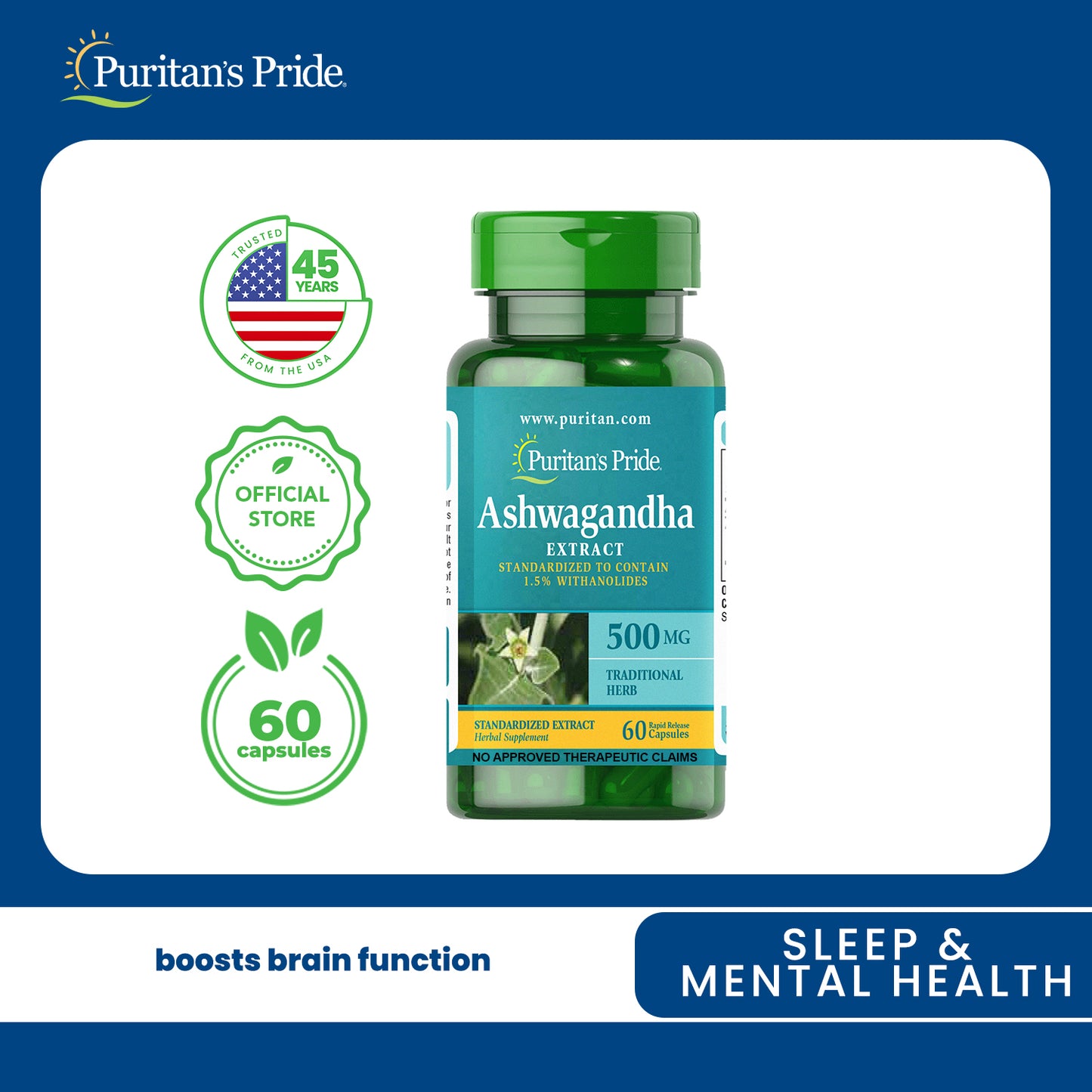 Ashwagandha Standardized Extract 500mg 60 capsules Brain Health