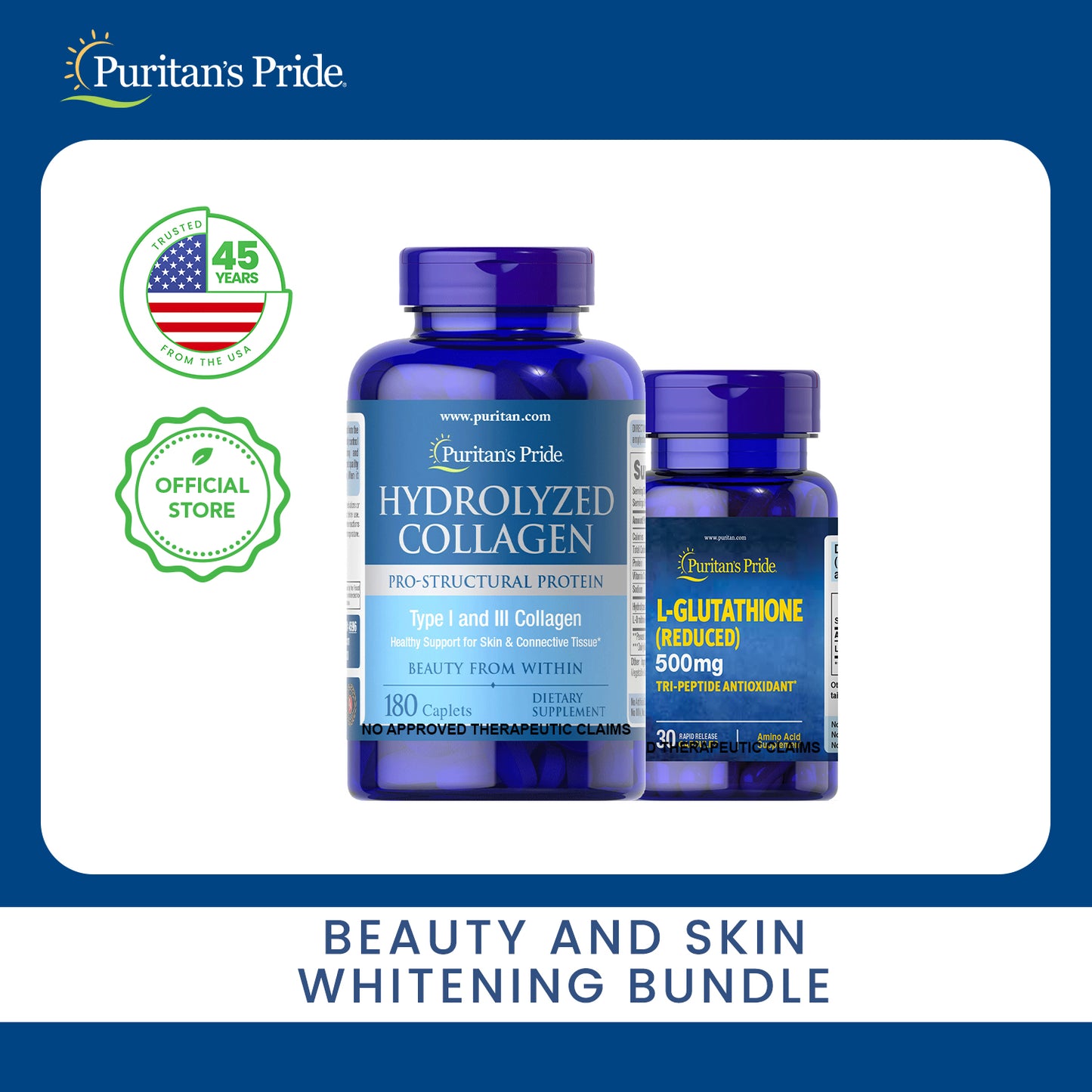 Beauty and Skin Whitening Bundle Collagen Hydrolyzed 1000 mg 180 caplets +L-Glutathione 500mg 30 capsules Puritan's Pride Health Supplements