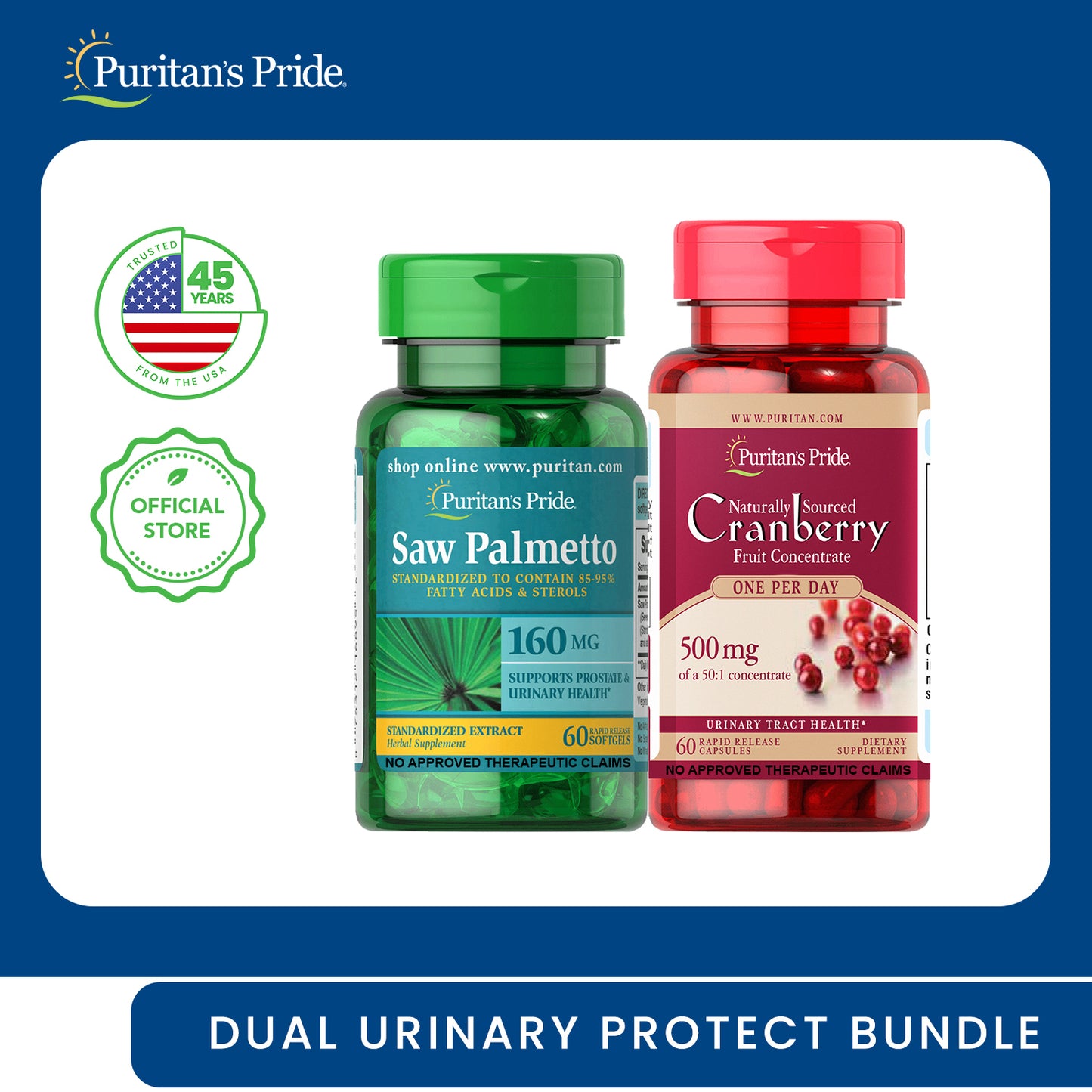 Dual Urinary Protect Bundle (Saw Palmetto 450mg 100 capsules + Cranberry 25,000mg 60 capsules Puritan's Pride)