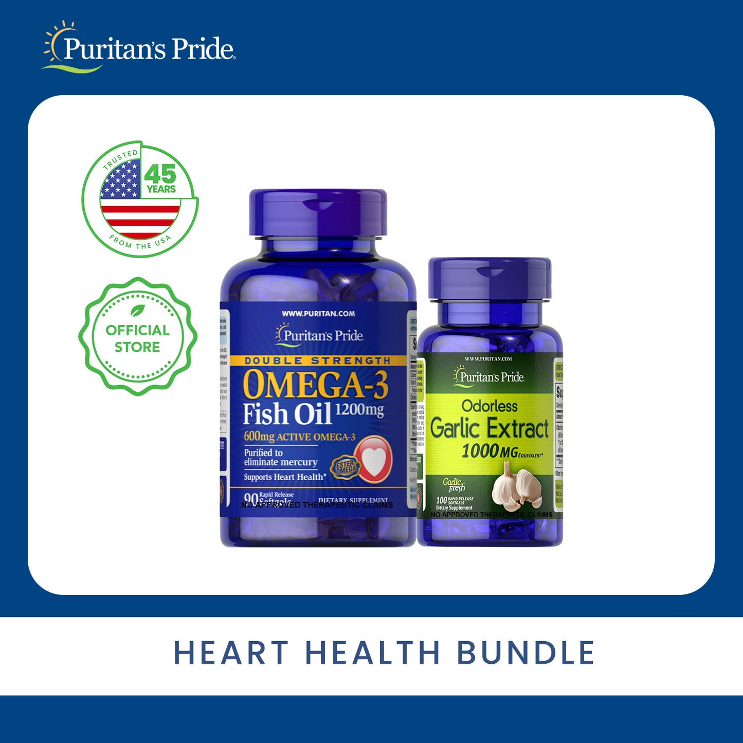 Heart Health Bundle Fish Oil Omega 3 Double Strength 1200mg + Odorless Garlic 1000mg 100 softgels Puritan's Pride Health Supplements