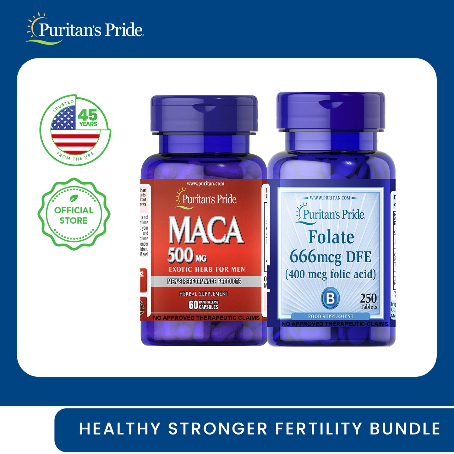 Healthy Stronger Fertility Bundle (Maca 500mg 60 capsules + Folic Acid 400mcg 250 tablets Puritans Pride)