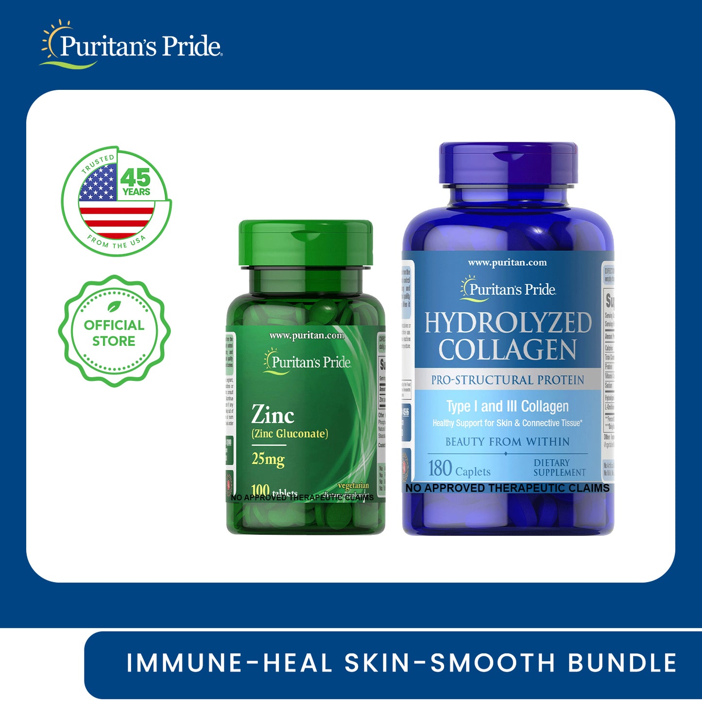 Supple & Clear Skin Bundle (Zinc Gluconate 25mg 100 tablets + Collagen Hydrolyzed 1000 mg 180 caplets Puritan's Pride)