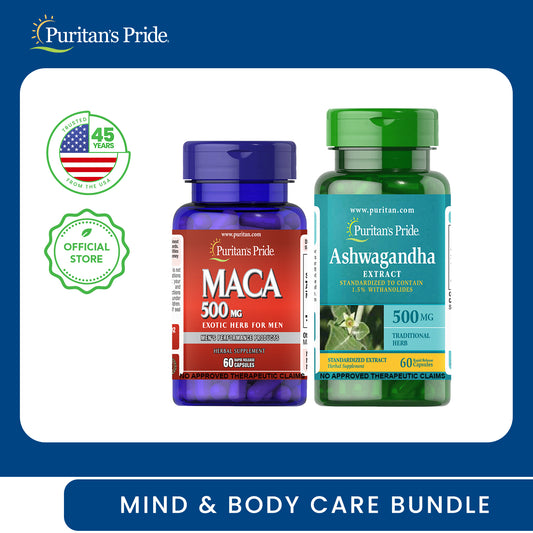 Mind & Body Care Bundle (Maca 500mg 60 capsules + Ashwagandha Standardized Extract 500mg 60 capsules Puritans Pride)