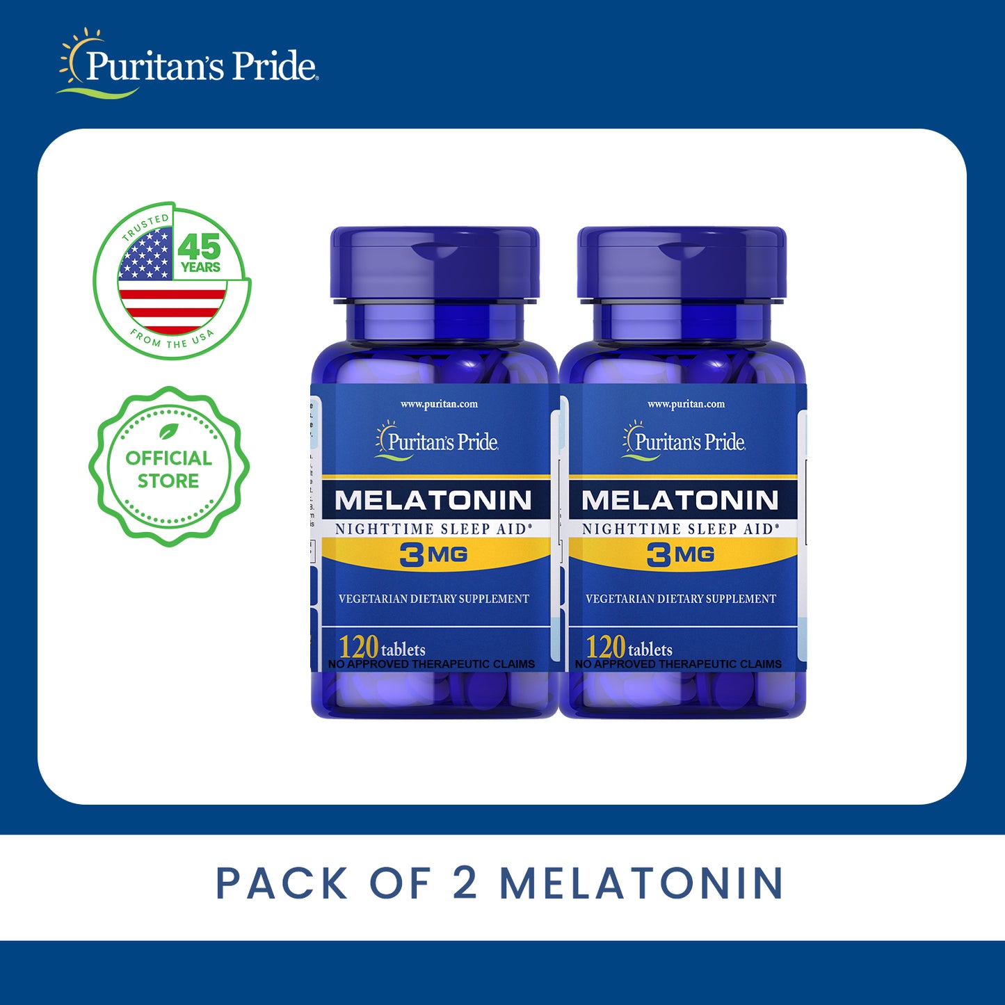 Pack of 2 Melatonin 3mg 120 tablets Sleep Aid Supplement Puritan's Pride Health Supplements