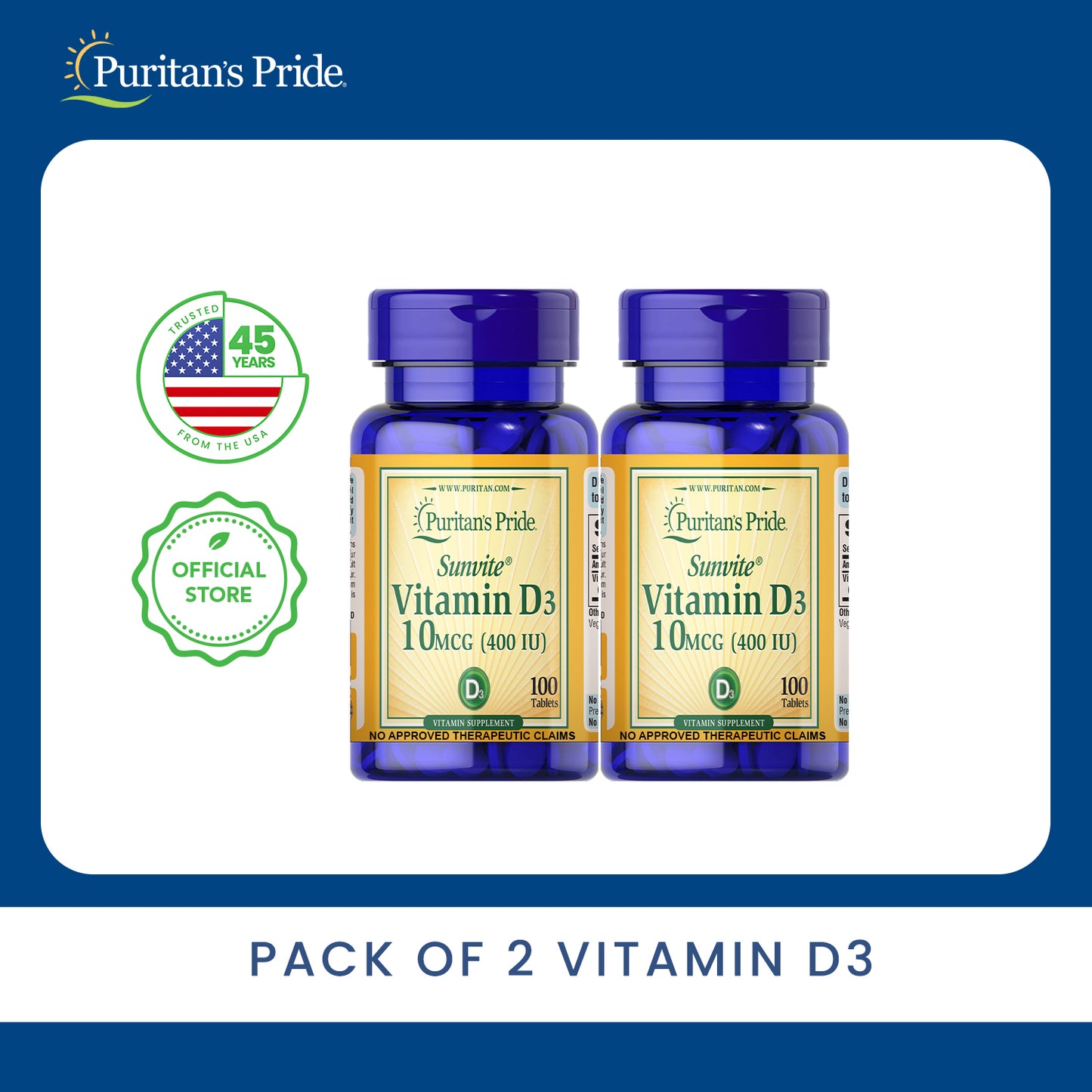 Pack of 2 Vitamin D3 400iu 100 tablets Vitamin D Puritan's Pride Health Supplements