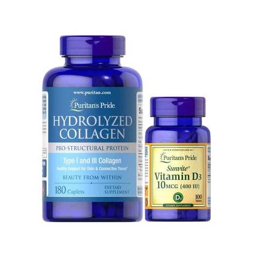 Blooming Skin Protect Bundle Hydrolyzed Collagen 1000 mg + Vitamin D3 400iu 100 tablets Puritan's Pride