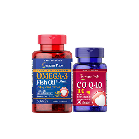 Heart Protect Bundle (Fish Oil 1400 mg with Active Omega-3 950 mg Triple Strength 60 Softgels + Co Q-10 100 mg 30 softgels Puritan's Pride Supplements)